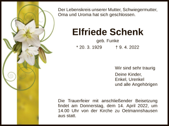 Traueranzeige von Elfriede Schenk von WRS