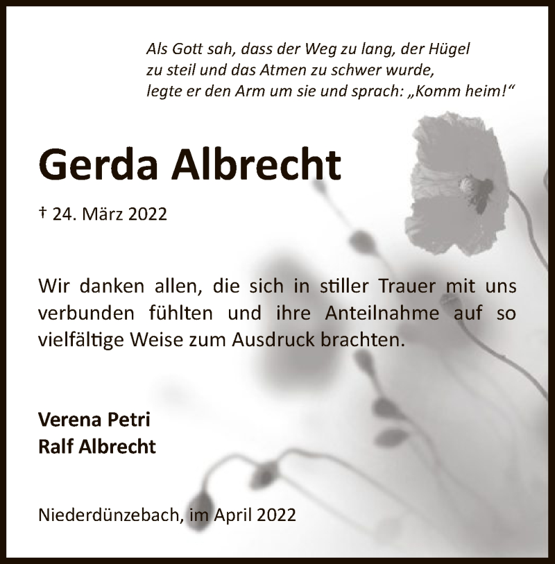  Traueranzeige für Gerda Albrecht vom 23.04.2022 aus WRS