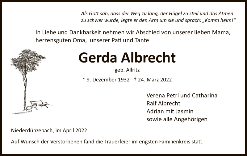  Traueranzeige für Gerda Albrecht vom 02.04.2022 aus WRS