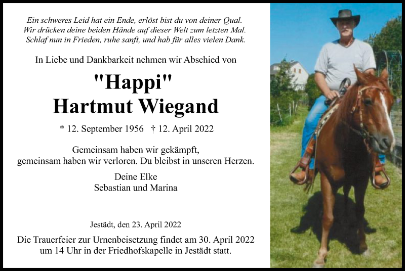  Traueranzeige für Hartmut Wiegand vom 23.04.2022 aus WRS
