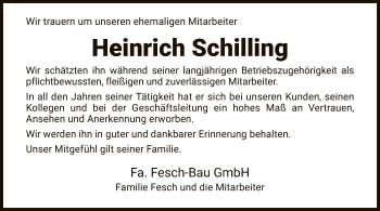 Traueranzeige von Heinrich Schilling von WRS