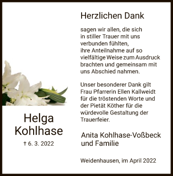 Traueranzeige von Helga Kohlhase von WRS