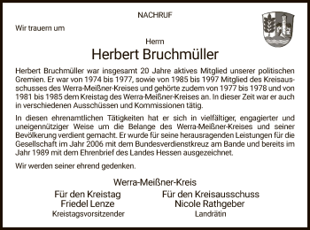 Traueranzeige von Herbert Bruchmüller von WRS