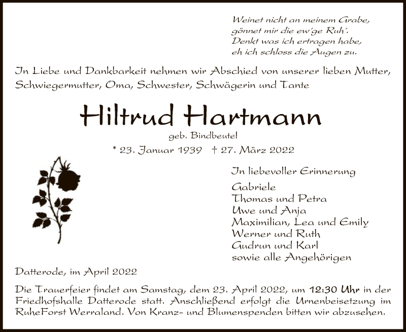  Traueranzeige für Hiltrud Hartmann vom 20.04.2022 aus WRS