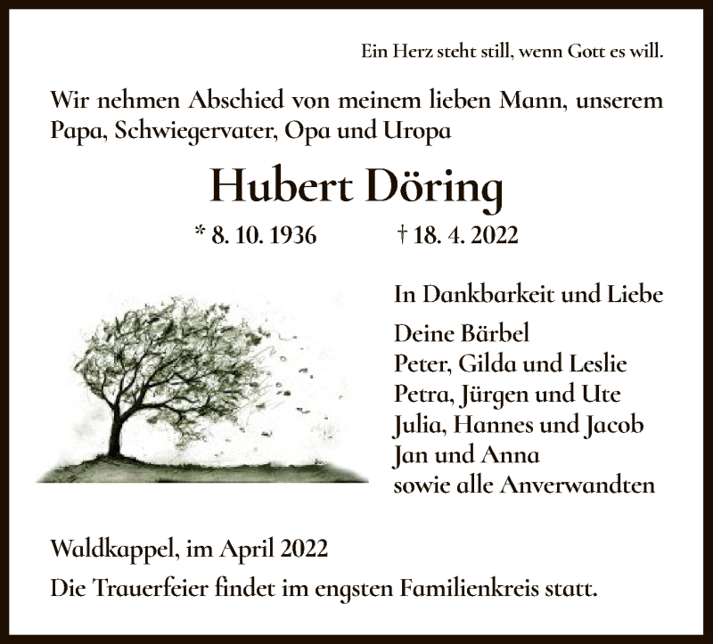  Traueranzeige für Hubert Döring vom 30.04.2022 aus WRS