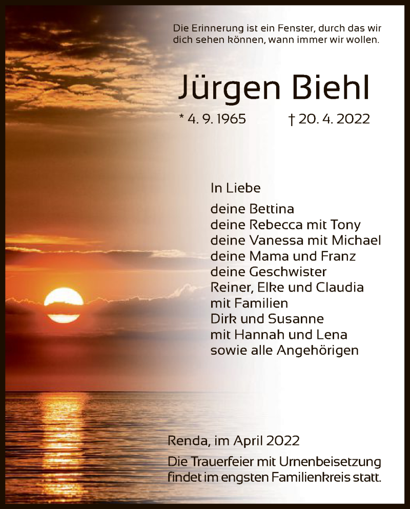  Traueranzeige für Jürgen Biehl vom 30.04.2022 aus WRS