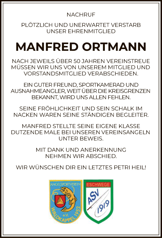  Traueranzeige für Manfred Ortmann vom 08.04.2022 aus WRS