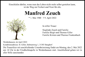 Traueranzeige von Manfred Zeuch von WRS