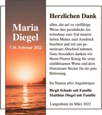 Traueranzeige von Maria Diegel von WRS