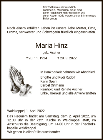 Traueranzeige von Maria Hinz von WRS