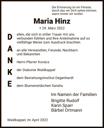 Traueranzeige von Maria Hinz von WRS