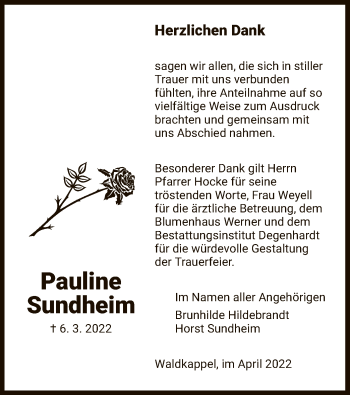 Traueranzeige von Pauline Sundheim von WRS