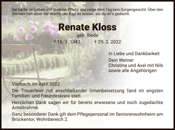 Traueranzeige von Renate Kloss von WRS