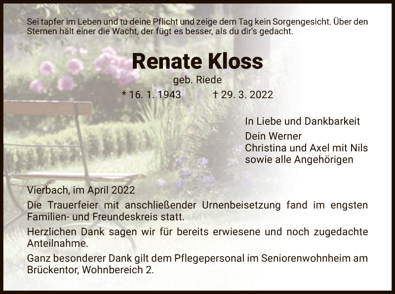  Traueranzeige für Renate Kloss vom 16.04.2022 aus WRS