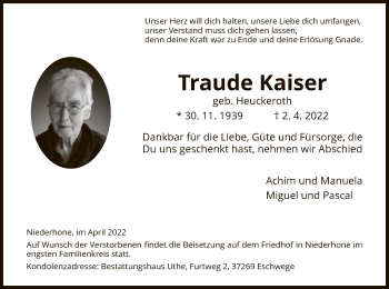 Traueranzeige von Traude Kaiser von WRS