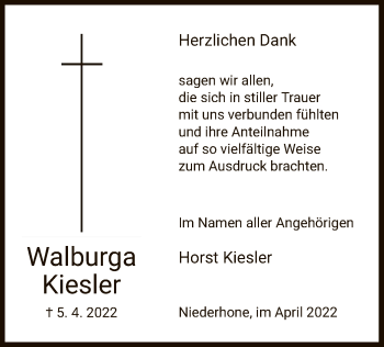 Traueranzeige von Walburga Kiesler von WRS