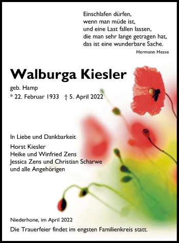 Traueranzeige von Walburga Kiesler von WRS