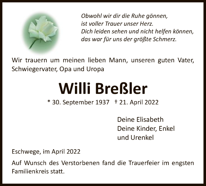  Traueranzeige für Willi Breßler vom 30.04.2022 aus WRS