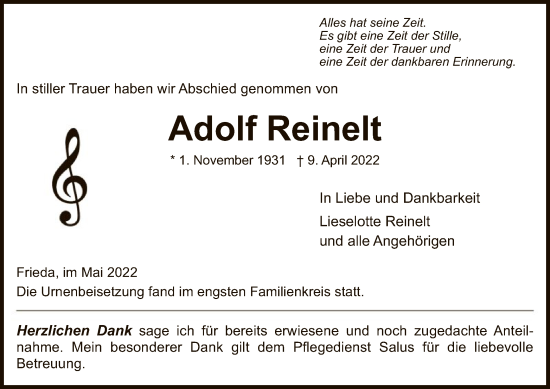 Traueranzeige von Adolf Reinelt von WRS