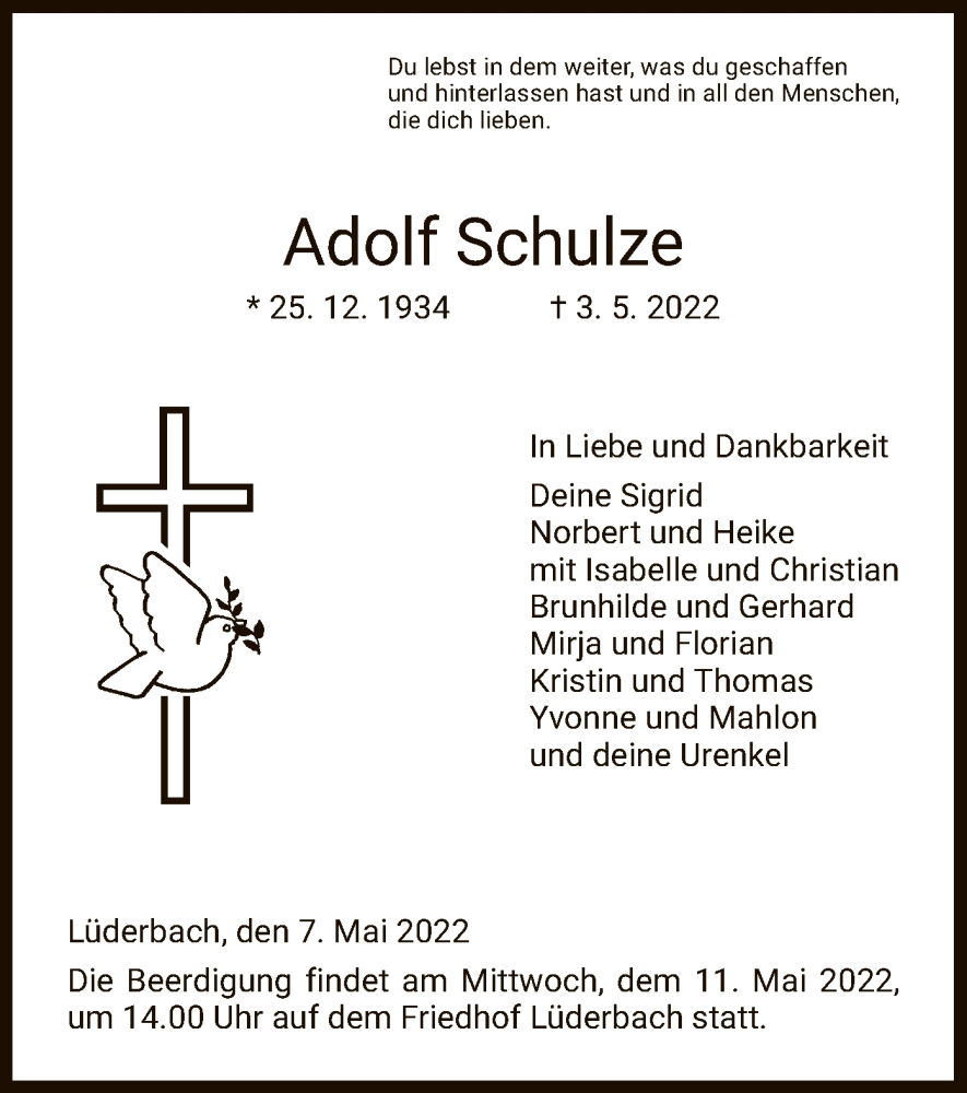  Traueranzeige für Adolf Schulze vom 07.05.2022 aus WRS