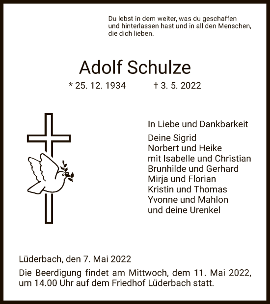 Traueranzeige von Adolf Schulze von WRS