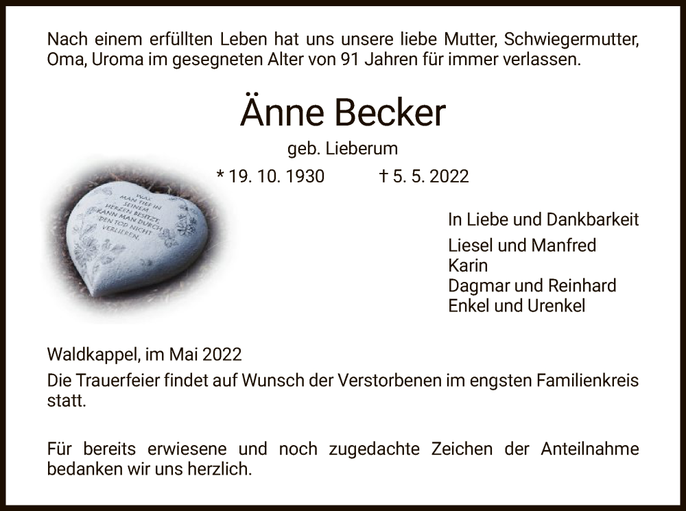  Traueranzeige für Änne Becker vom 14.05.2022 aus WRS
