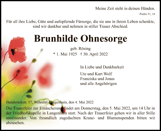 Traueranzeige von Brunhilde Ohnesorge von WRS