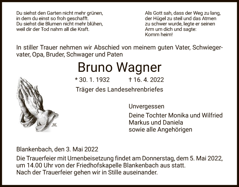  Traueranzeige für Bruno Wagner vom 03.05.2022 aus WRS