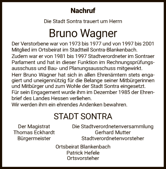 Traueranzeige von Bruno Wagner von WRS