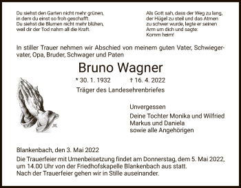 Traueranzeige von Bruno Wagner von WRS