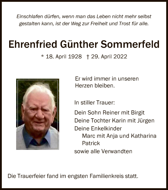 Traueranzeige von Ehrenfried Günther Sommerfeld von WRS