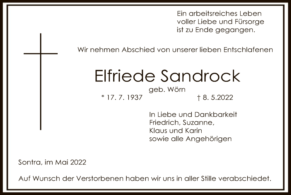  Traueranzeige für Elfriede Sandrock vom 21.05.2022 aus WRS