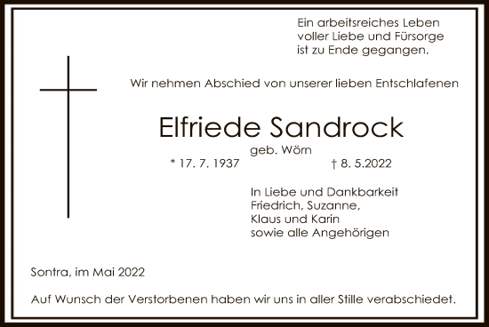 Traueranzeige von Elfriede Sandrock von WRS