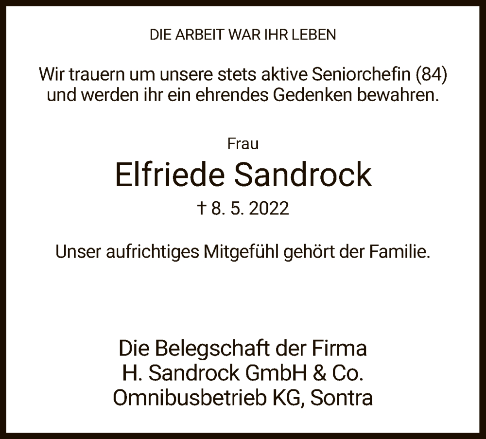  Traueranzeige für Elfriede Sandrock vom 28.05.2022 aus WRS