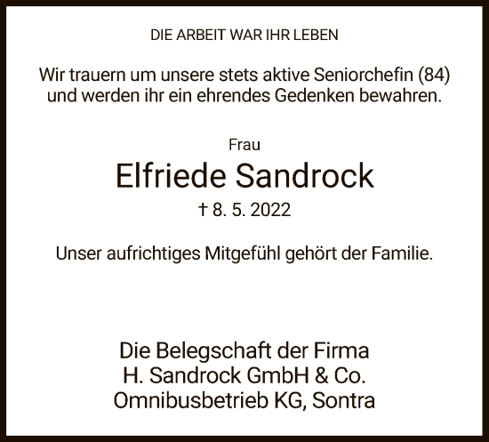 Traueranzeige von Elfriede Sandrock von WRS