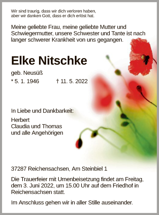 Traueranzeige von Elke Nitschke von WRS