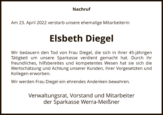 Traueranzeige von Elsbeth Diegel von WRS