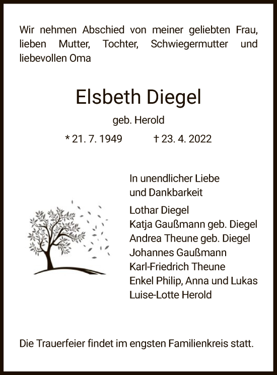 Traueranzeige von Elsbeth Diegel von WRS