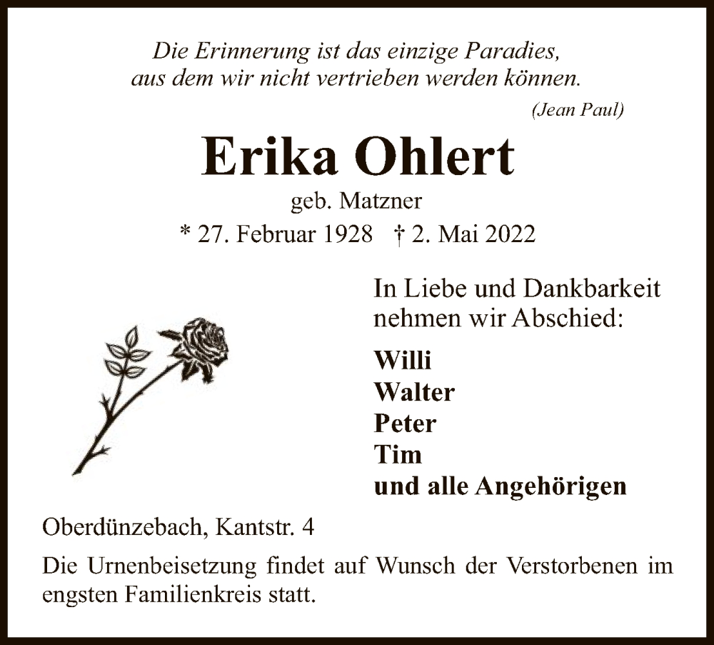  Traueranzeige für Erika Ohlert vom 04.05.2022 aus WRS