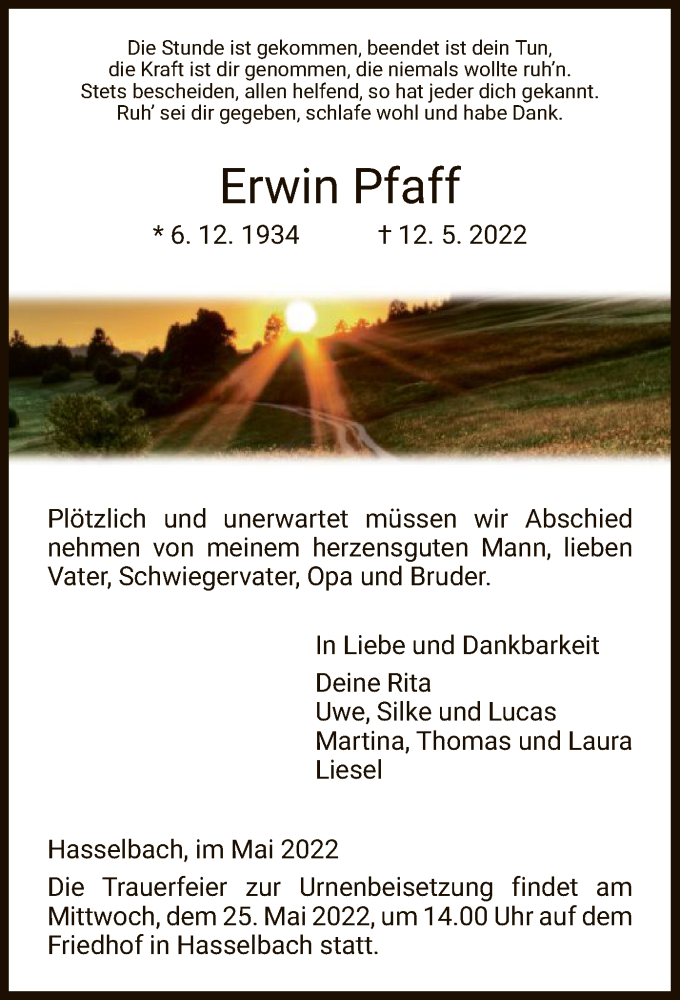  Traueranzeige für Erwin Pfaff vom 21.05.2022 aus WRS