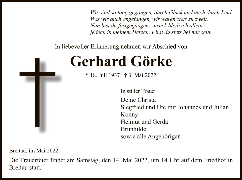  Traueranzeige für Gerhard Görke vom 07.05.2022 aus WRS