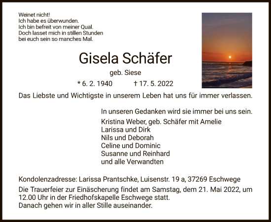 Traueranzeige von Gisela Schäfer von WRS