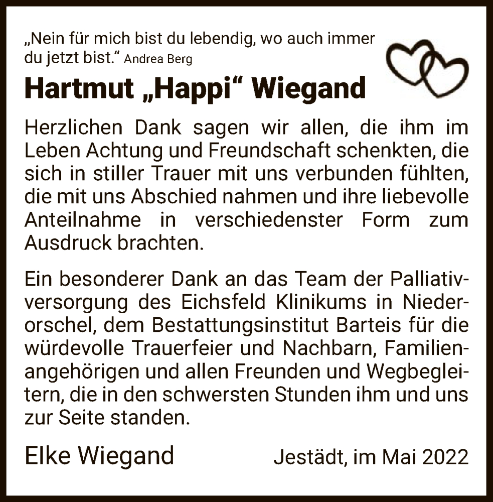  Traueranzeige für Hartmut Wiegand vom 14.05.2022 aus WRS