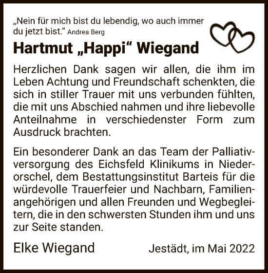 Traueranzeige von Hartmut Wiegand von WRS