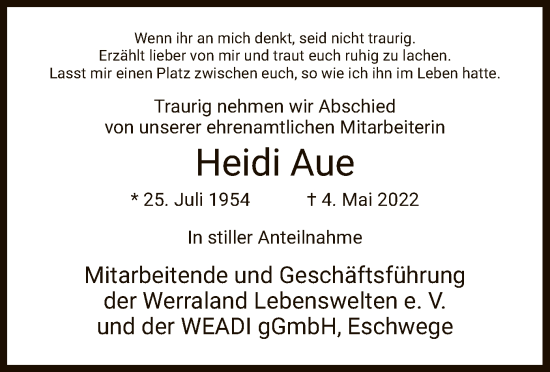 Traueranzeige von Heidi Aue von WRS