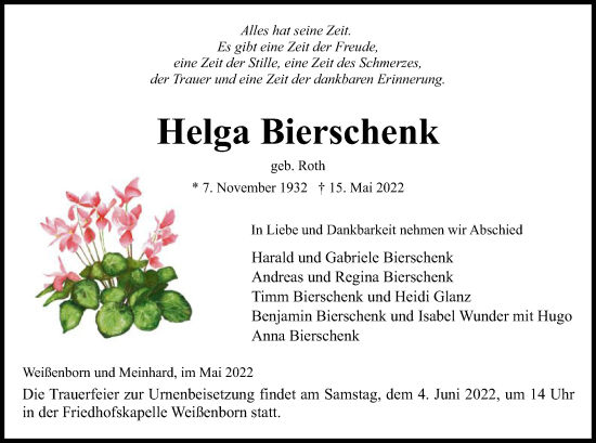 Traueranzeige von Helga Bierschenk von WRS