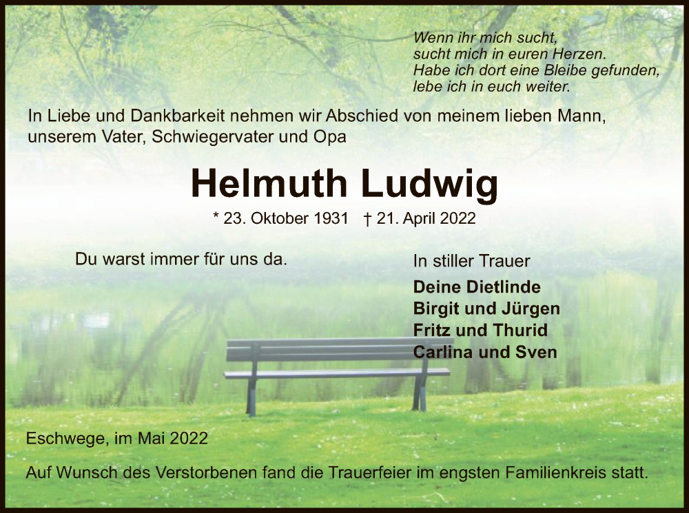  Traueranzeige für Helmuth Ludwig vom 14.05.2022 aus WRS
