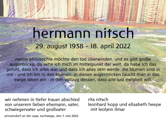 Traueranzeige von Hermann Nitsch von HNA