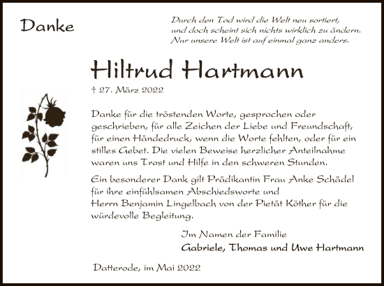 Traueranzeige von Hiltrud Hartmann von WRS