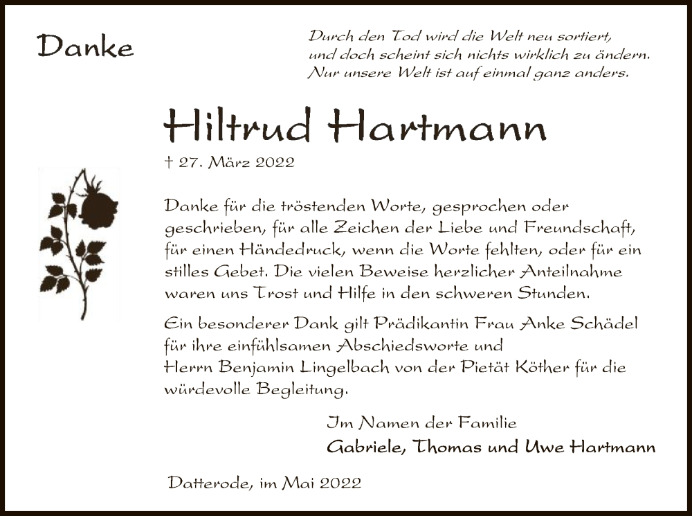  Traueranzeige für Hiltrud Hartmann vom 14.05.2022 aus WRS